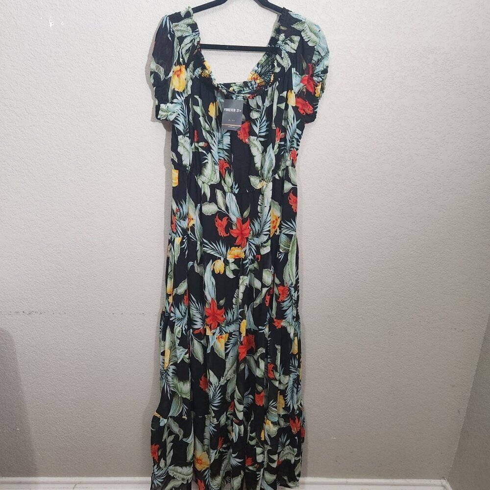 Forever 21+ Floral Maxi Dress 3X Black Multicolor Tropical Print Hawaii